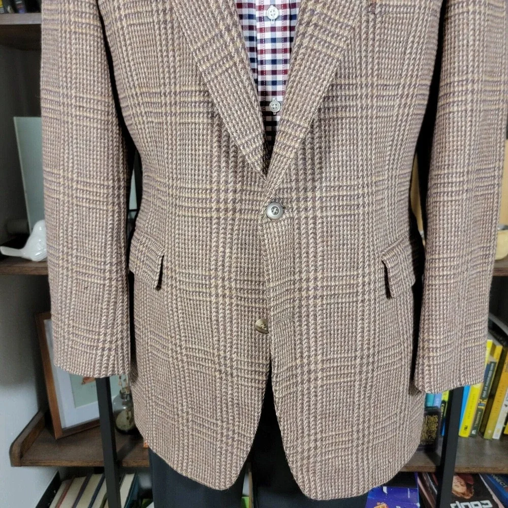 VTG Neiman Marcus Men's Tweed Sport Coat Two Button Brown Wool Plaid‎ Size 42-44